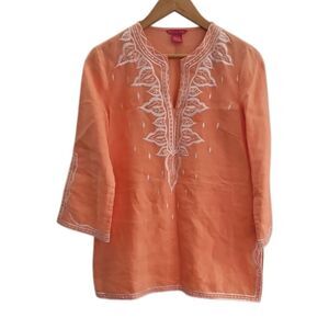 Sunny Leigh Linen Boho Embroidered Tunic Top Peach Sz M Kurta Style Resortwear